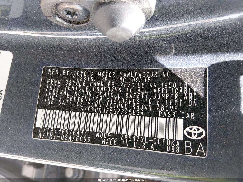 5YFBURHE5GP395634 2016 TOYOTA COROLLA photo no. 9