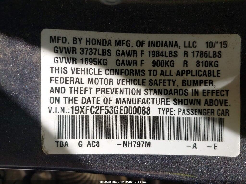 19XFC2F53GE000088 2016 HONDA CIVIC photo no. 9