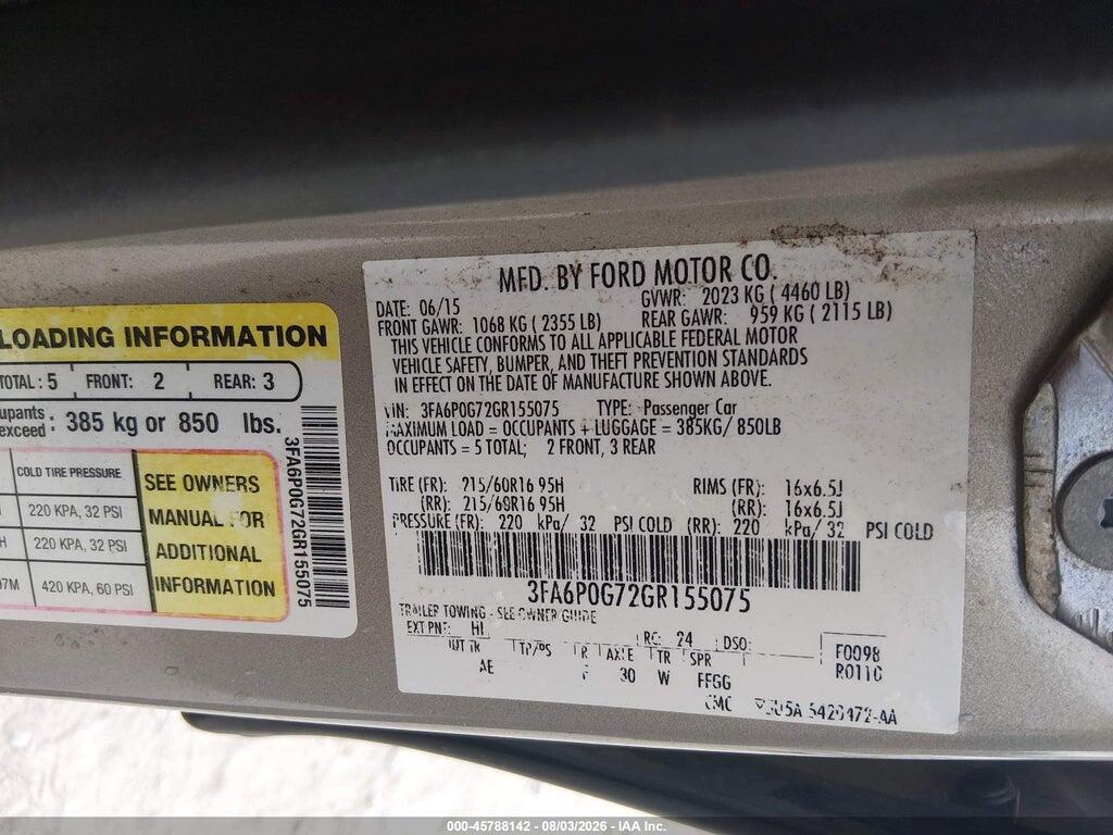 3FA6P0G72GR155075 2016 FORD FUSION photo no. 9