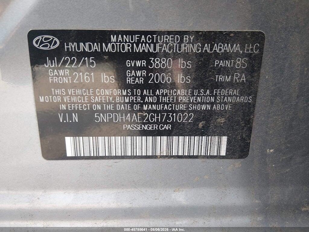 5NPDH4AE2GH731022 2016 HYUNDAI ELANTRA photo no. 9