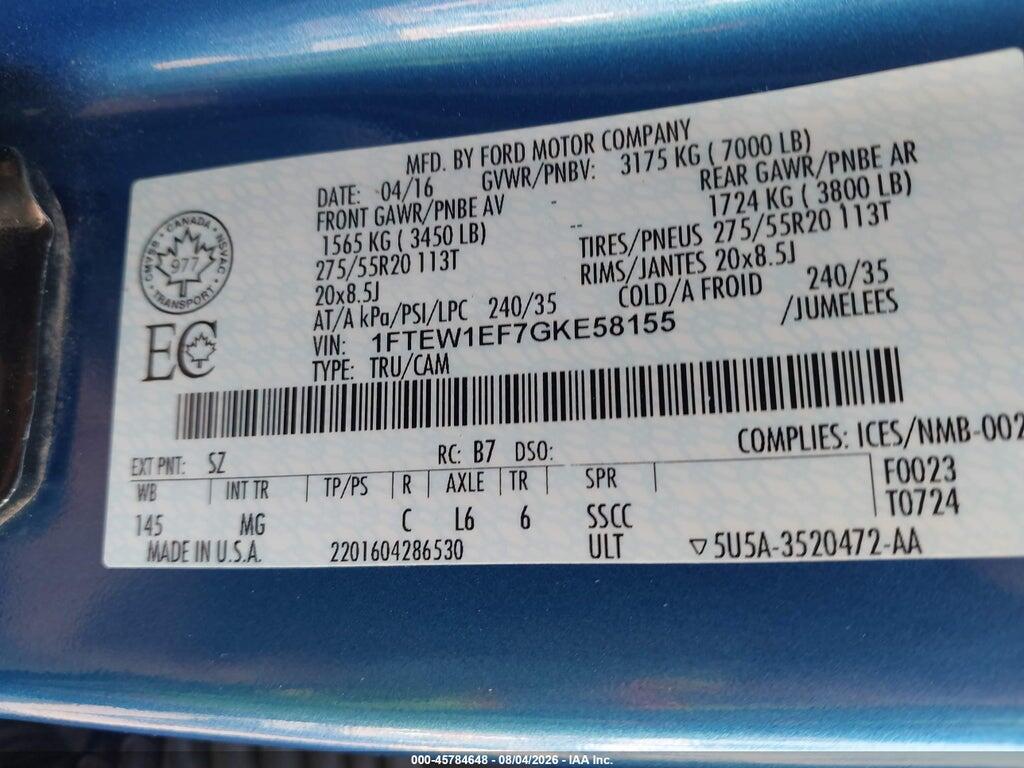 1FTEW1EF7GKE58155 2016 FORD F-150 photo no. 9