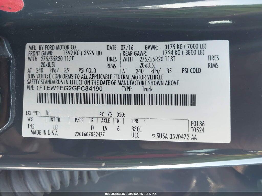 1FTEW1EG2GFC84190 2016 FORD F-150 photo no. 9