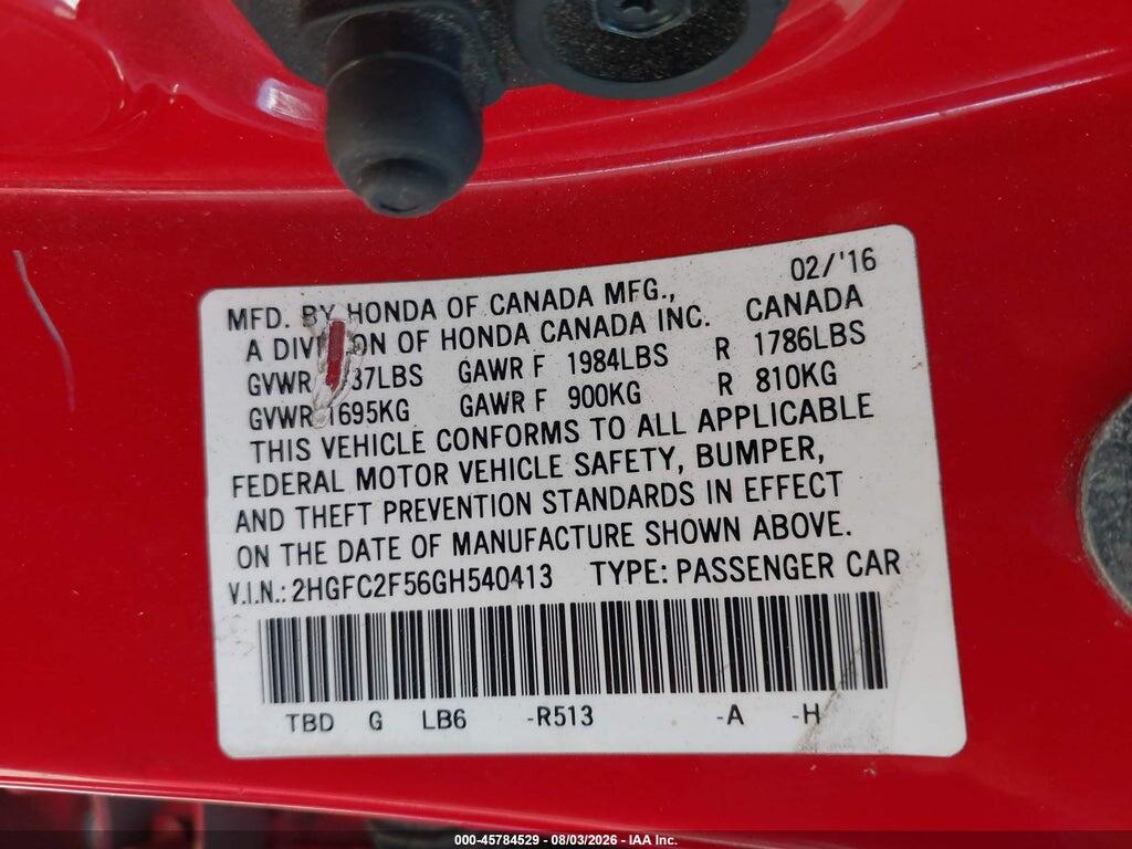 2HGFC2F56GH540413 2016 HONDA CIVIC photo no. 9