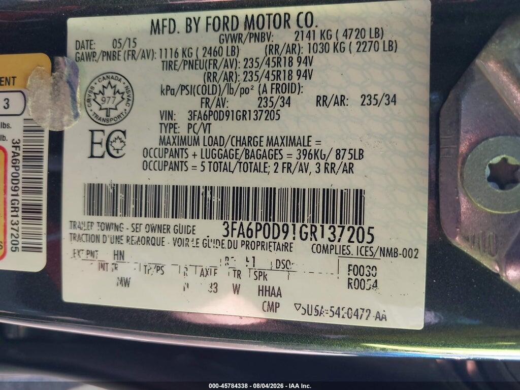 3FA6P0D91GR137205 2016 FORD FUSION photo no. 9