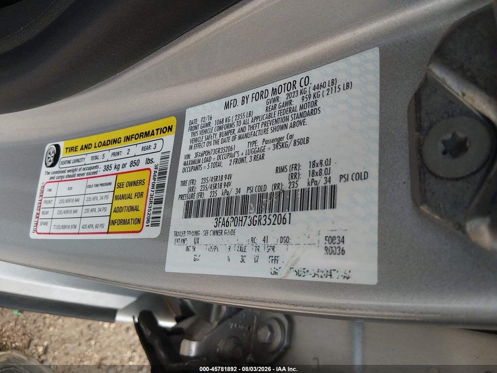 3FA6P0H73GR352061 2016 FORD FUSION photo no. 9