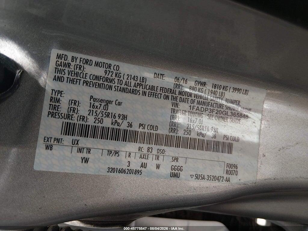 1FADP3F20GL365848 2016 FORD FOCUS photo no. 9