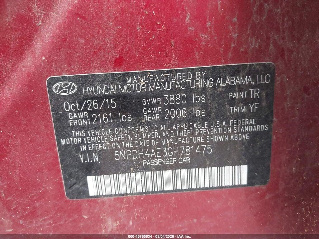 5NPDH4AE3GH781475 2016 HYUNDAI ELANTRA photo no. 9