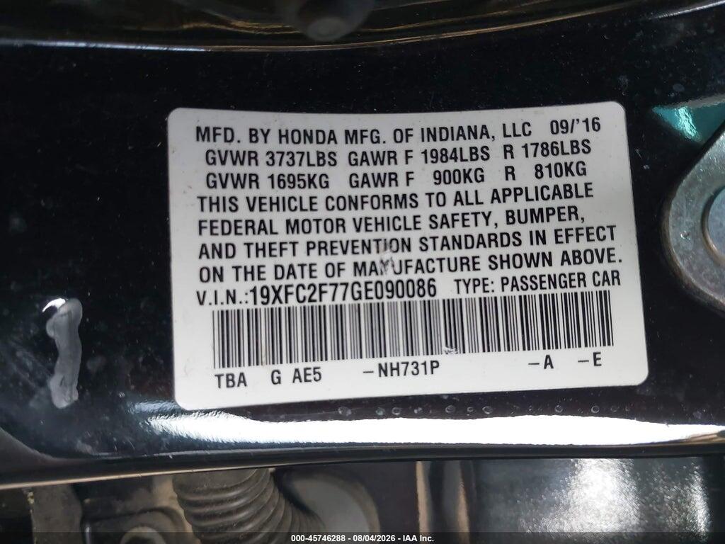 19XFC2F77GE090086 2016 HONDA CIVIC photo no. 9