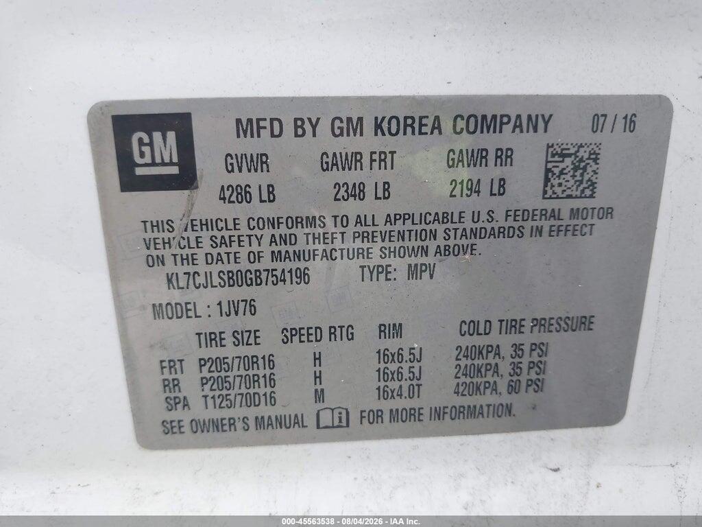 KL7CJLSB0GB754196 2016 CHEVROLET TRAX photo no. 9