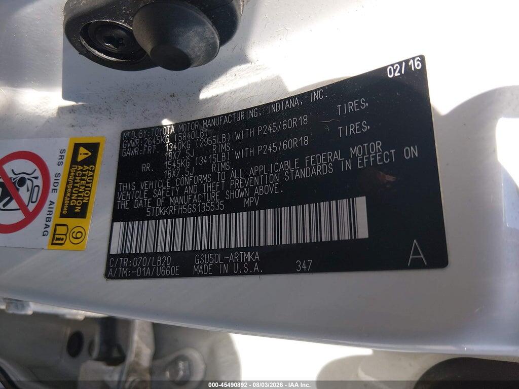 5TDKKRFH5GS135535 2016 TOYOTA HIGHLANDER photo no. 9