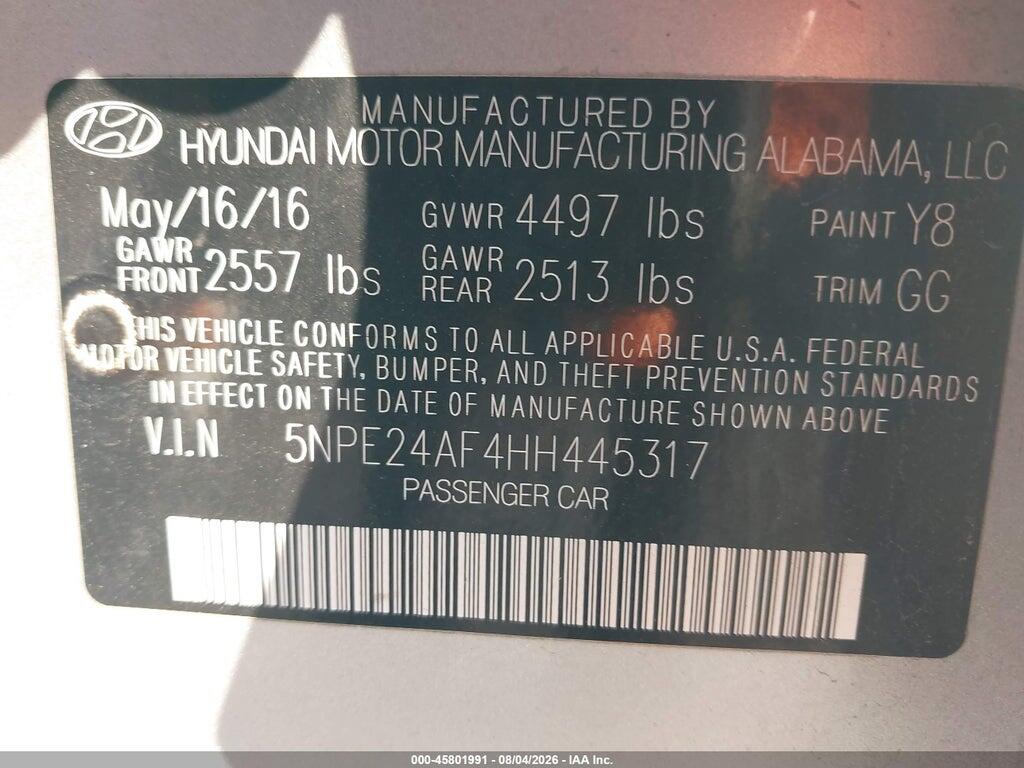 5NPE24AF4HH445317 2017 HYUNDAI SONATA photo no. 9