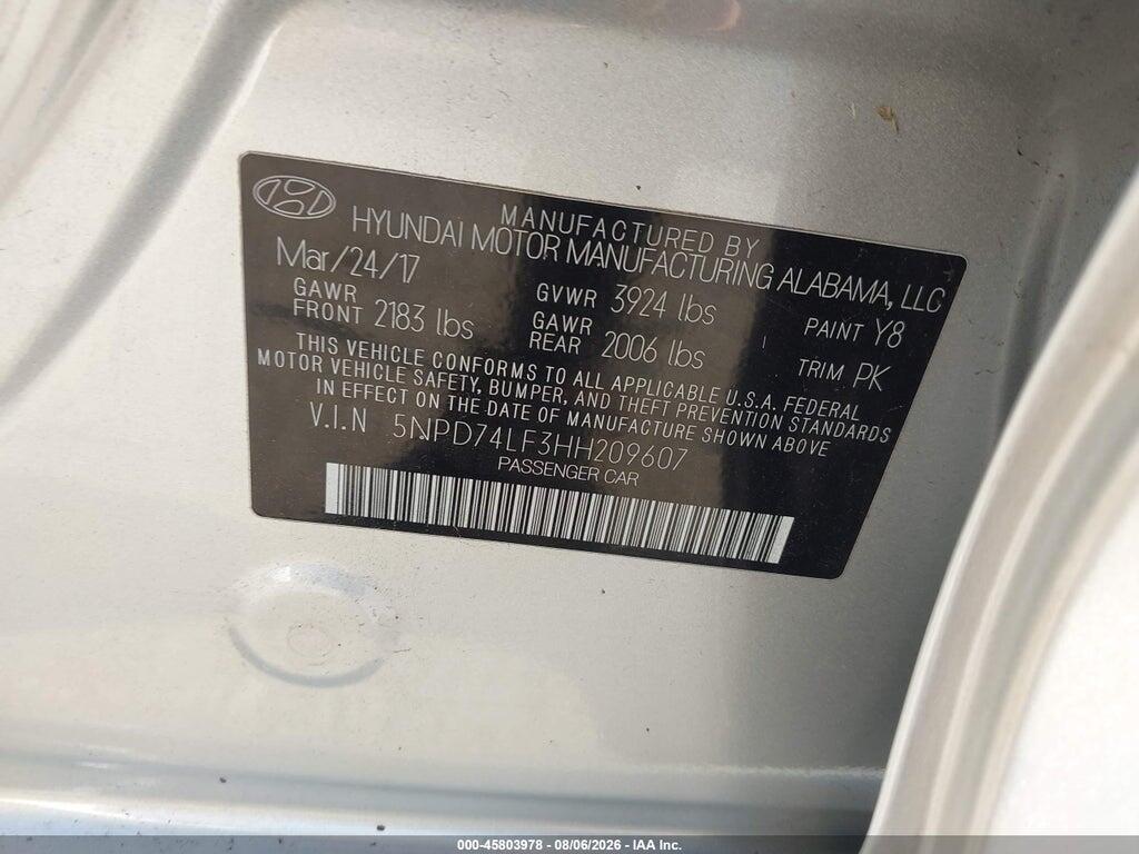5NPD74LF3HH209607 2017 HYUNDAI ELANTRA photo no. 9