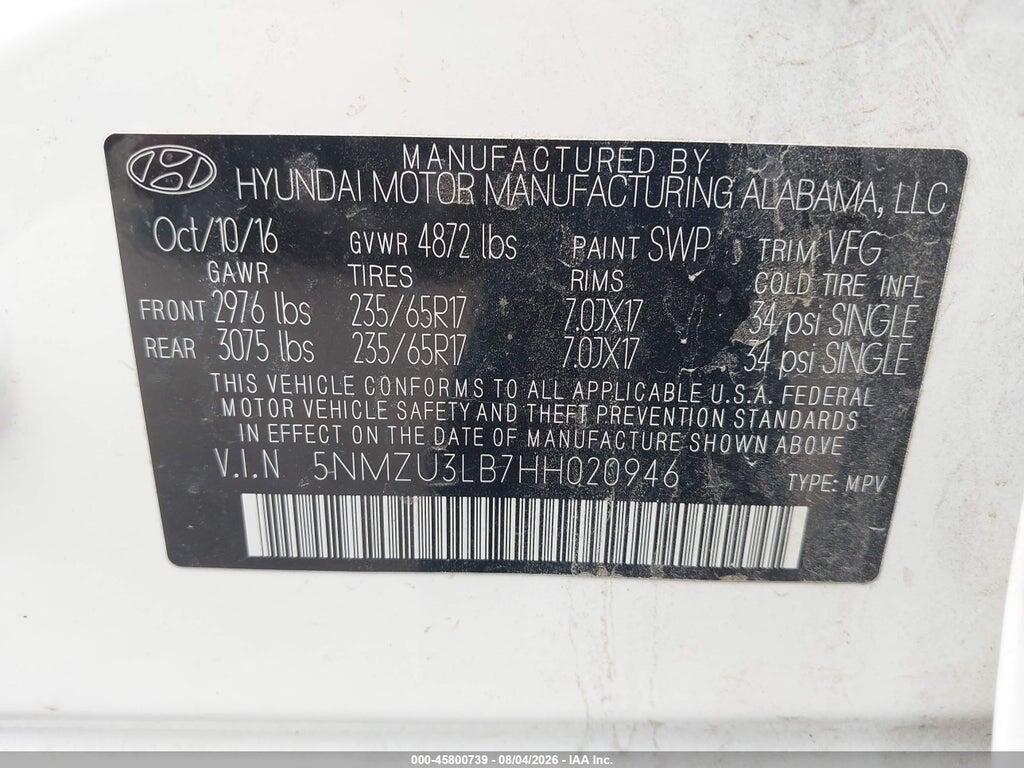 5NMZU3LB7HH020946 2017 HYUNDAI SANTA FE SPORT photo no. 9