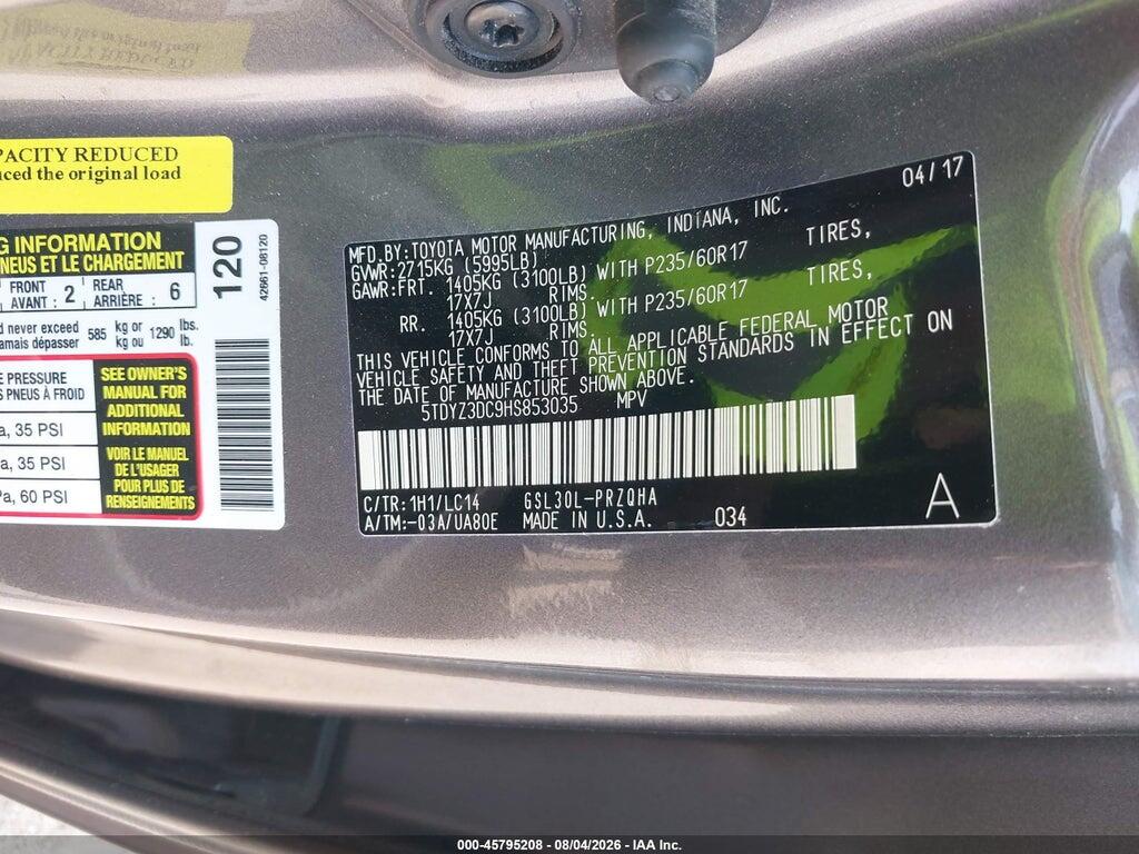 5TDYZ3DC9HS853035 2017 TOYOTA SIENNA photo no. 9