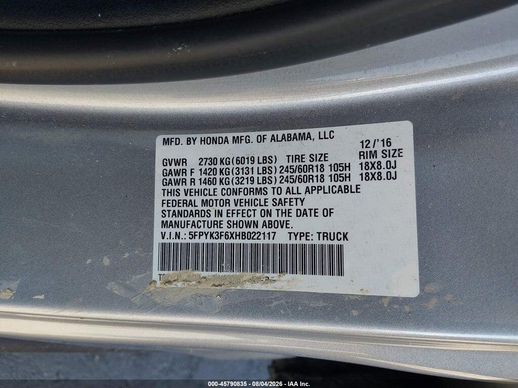5FPYK3F6XHB022117 2017 HONDA RIDGELINE photo no. 9