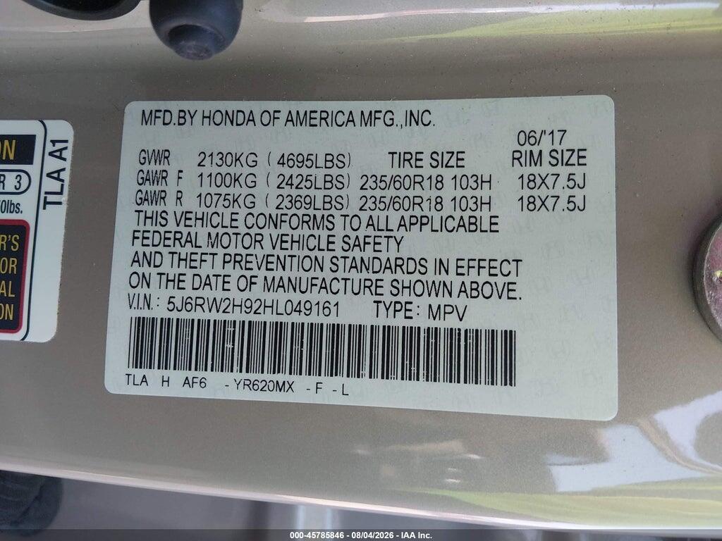 5J6RW2H92HL049161 2017 HONDA CR-V photo no. 9