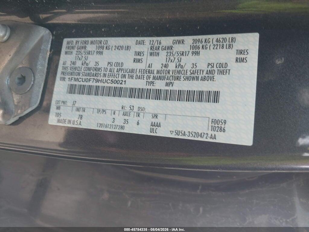 1FMCU0F79HUC50021 2017 FORD ESCAPE photo no. 9
