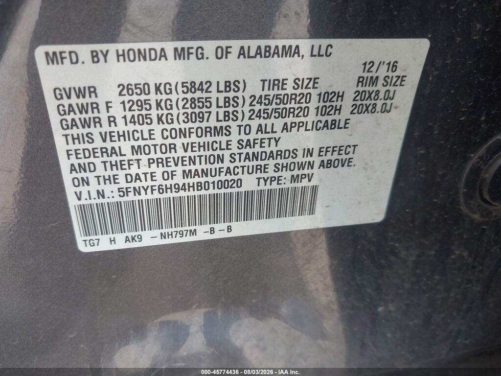5FNYF6H94HB010020 2017 HONDA PILOT photo no. 9