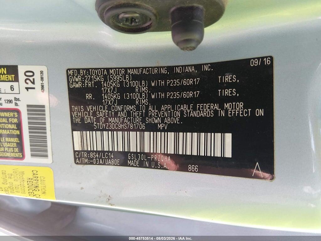 5TDYZ3DC9HS781706 2017 TOYOTA SIENNA photo no. 9