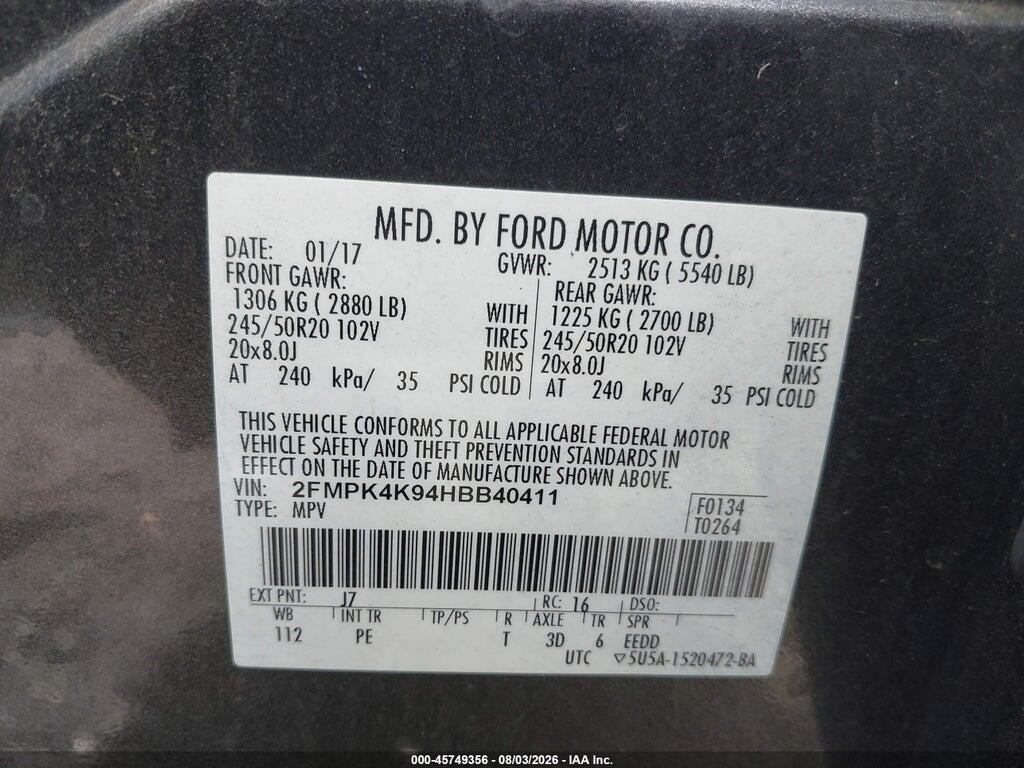 2FMPK4K94HBB40411 2017 FORD EDGE photo no. 9