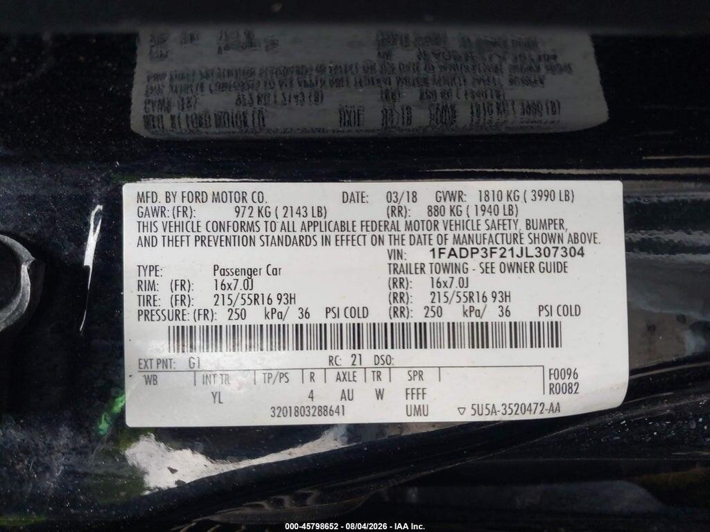 1FADP3F21JL307304 2018 FORD FOCUS photo no. 9