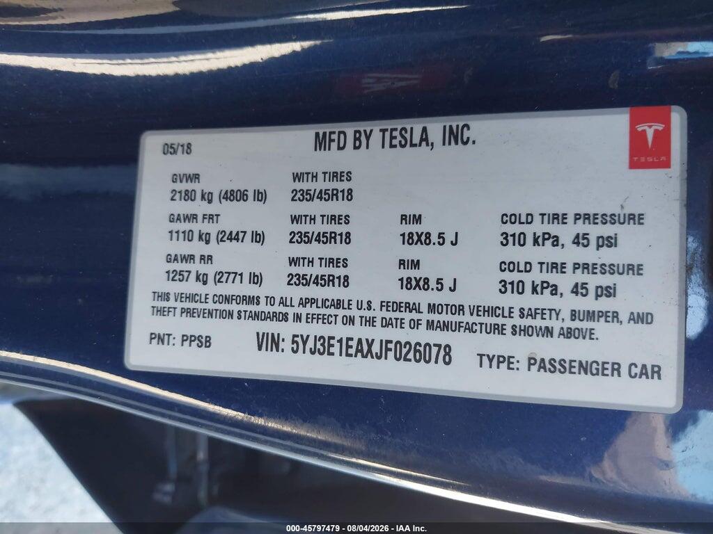 5YJ3E1EAXJF026078 2018 TESLA MODEL 3 photo no. 9