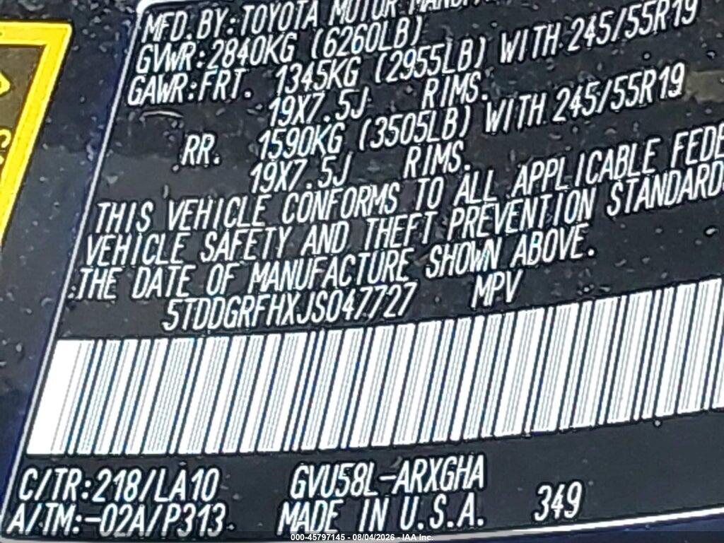 5TDDGRFHXJS047727 2018 TOYOTA HIGHLANDER HYBRID photo no. 9