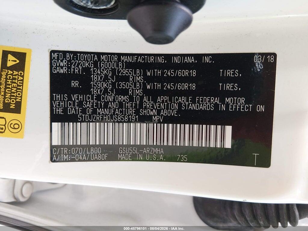 5TDJZRFH0JS858191 2018 TOYOTA HIGHLANDER photo no. 9