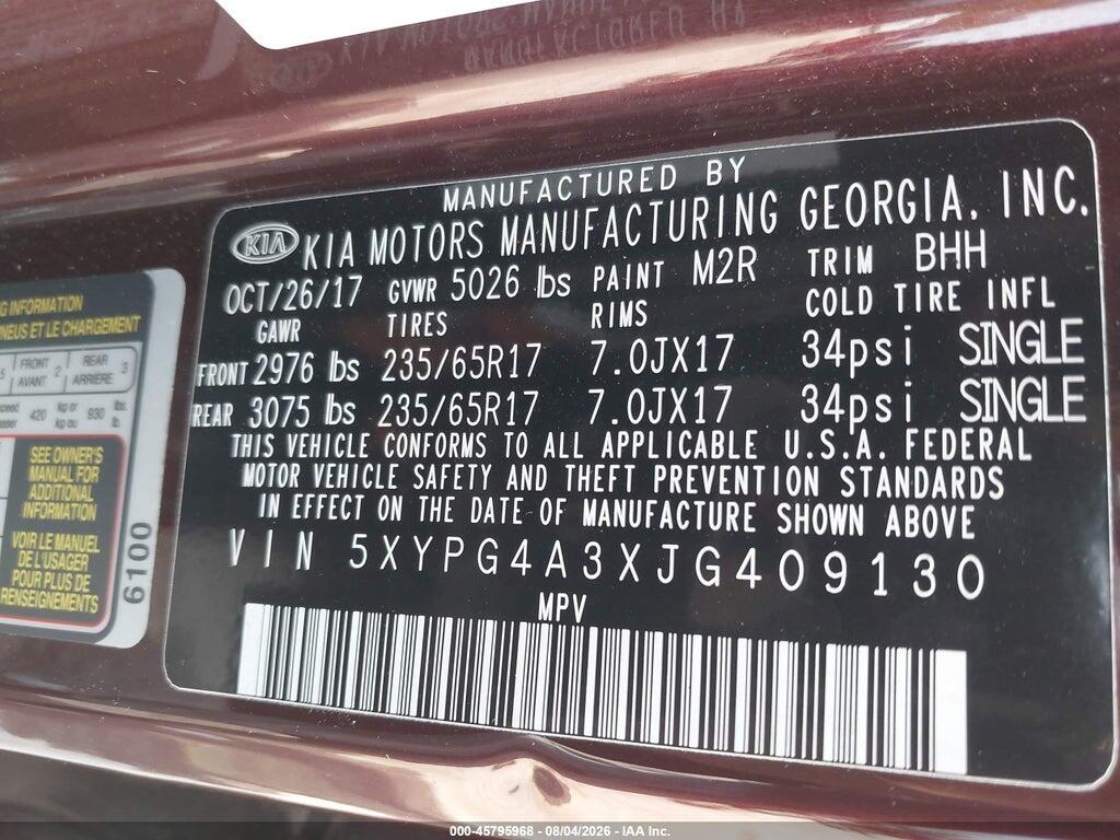 5XYPG4A3XJG409130 2018 KIA SORENTO photo no. 9