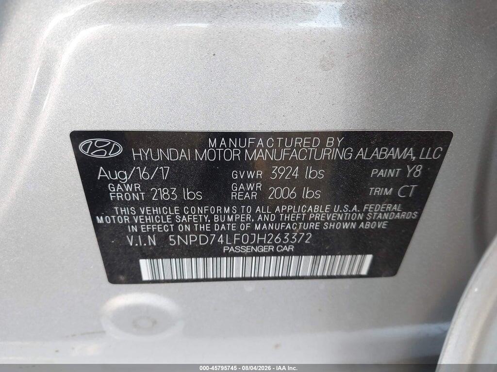 5NPD74LF0JH263372 2018 HYUNDAI ELANTRA photo no. 9