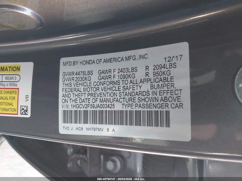 1HGCV2F59JA003425 2018 HONDA ACCORD photo no. 9