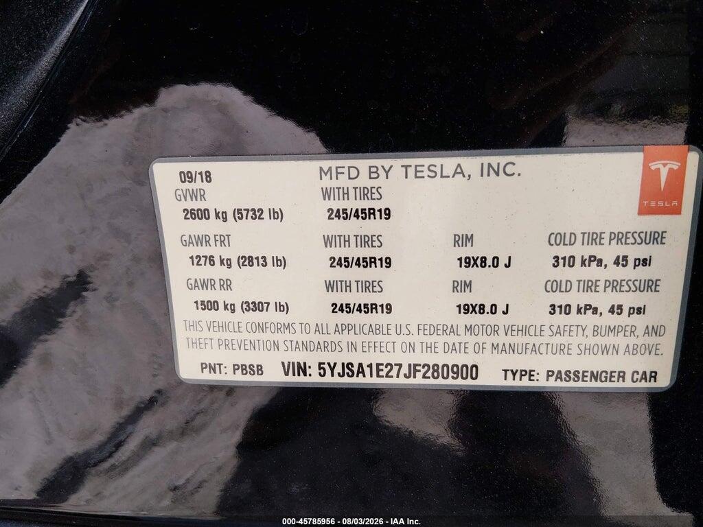 5YJSA1E27JF280900 2018 TESLA MODEL S photo no. 9