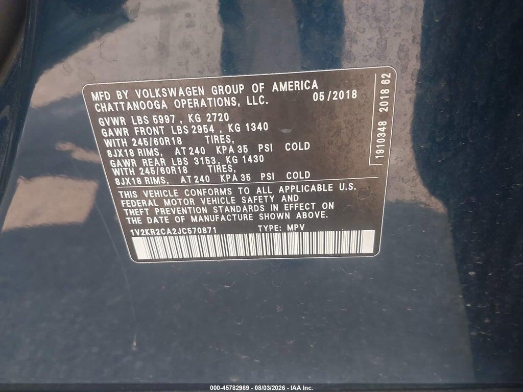 1V2KR2CA2JC570871 2018 VOLKSWAGEN ATLAS photo no. 9