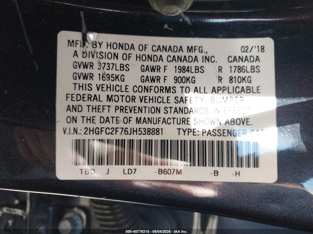 2HGFC2F76JH538881 2018 HONDA CIVIC photo no. 9
