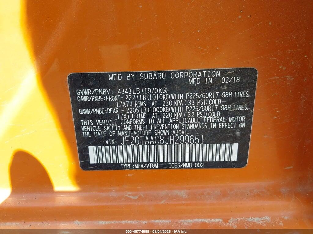 JF2GTAAC8JH299651 2018 SUBARU CROSSTREK photo no. 9