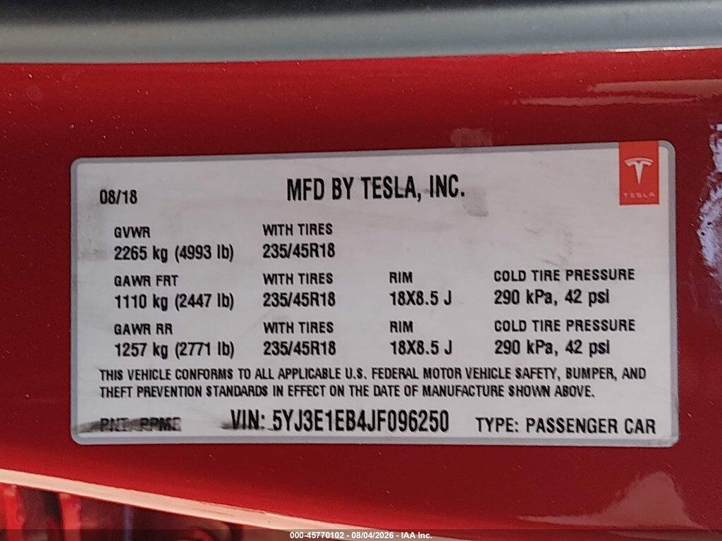 5YJ3E1EB4JF096250 2018 TESLA MODEL 3 photo no. 9