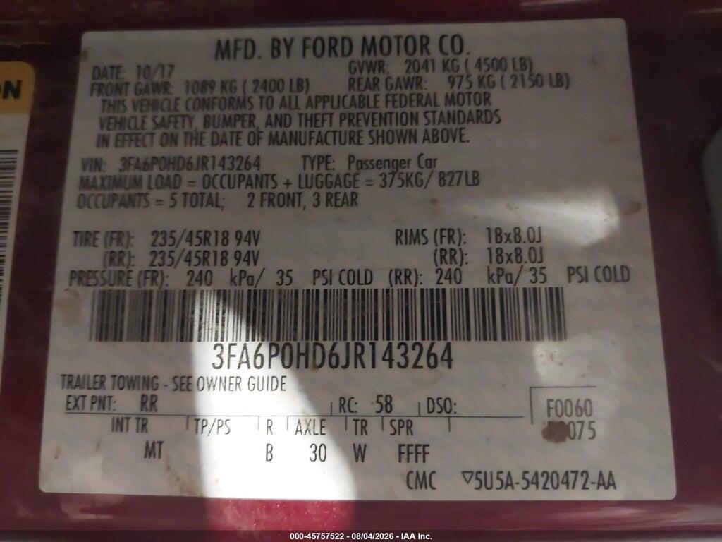 3FA6P0HD6JR143264 2018 FORD FUSION photo no. 9