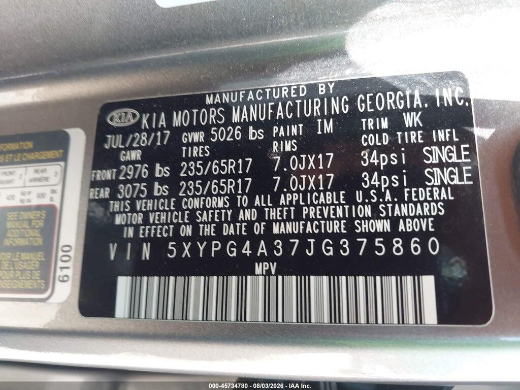 5XYPG4A37JG375860 2018 KIA SORENTO photo no. 9