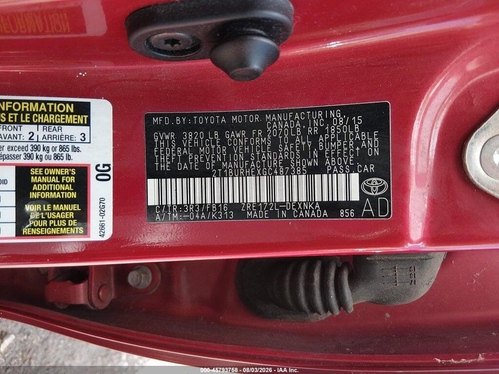 2T1BURHEXGC487385 2016 TOYOTA COROLLA photo no. 9