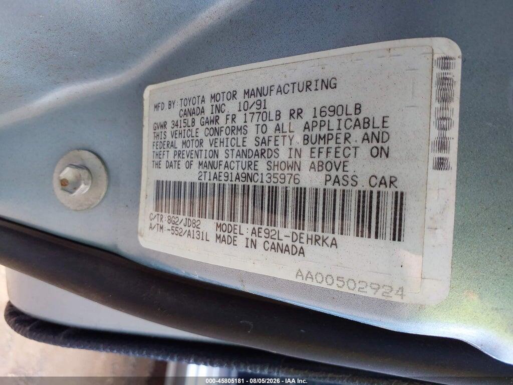 2T1AE91A9NC135976 1992 TOYOTA COROLLA photo no. 9