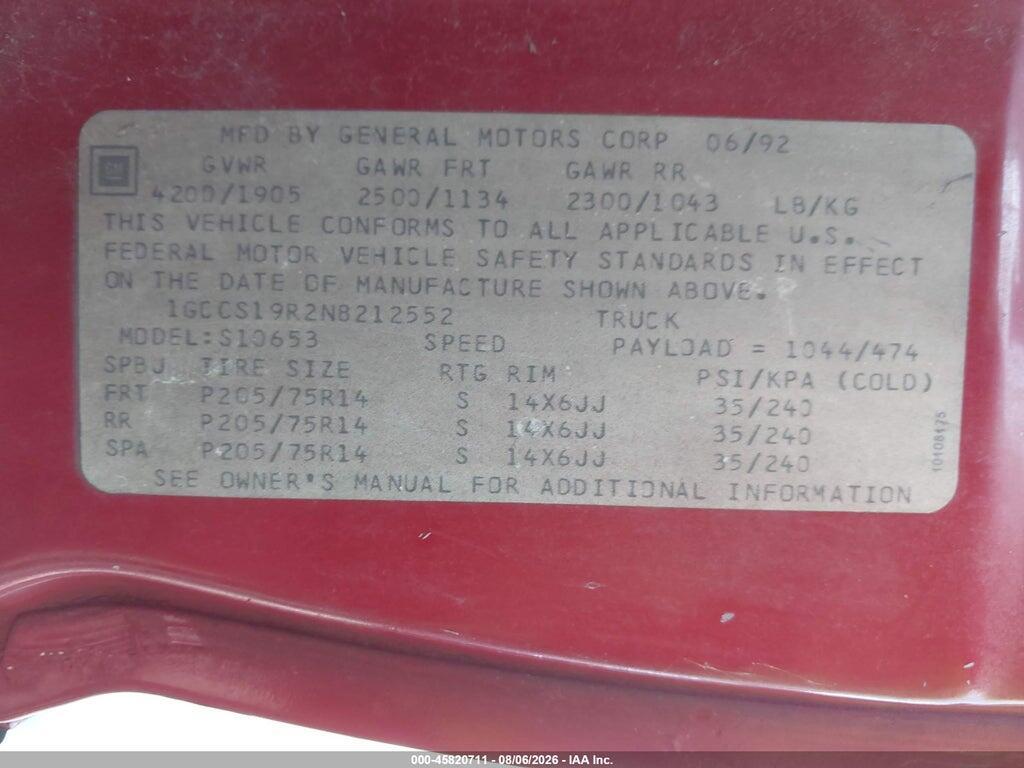 1GCCS19R2N8212552 1992 CHEVROLET S TRUCK photo no. 9