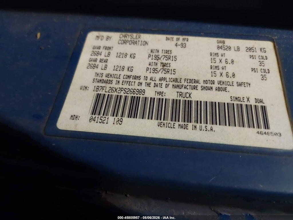 1B7FL26X2PS266989 1993 DODGE DAKOTA photo no. 9