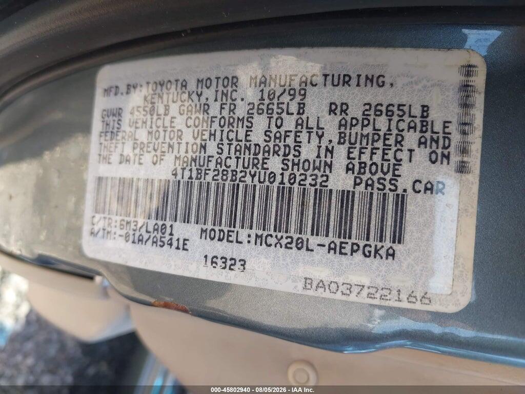 4T1BF28B2YU010232 2000 TOYOTA AVALON photo no. 9