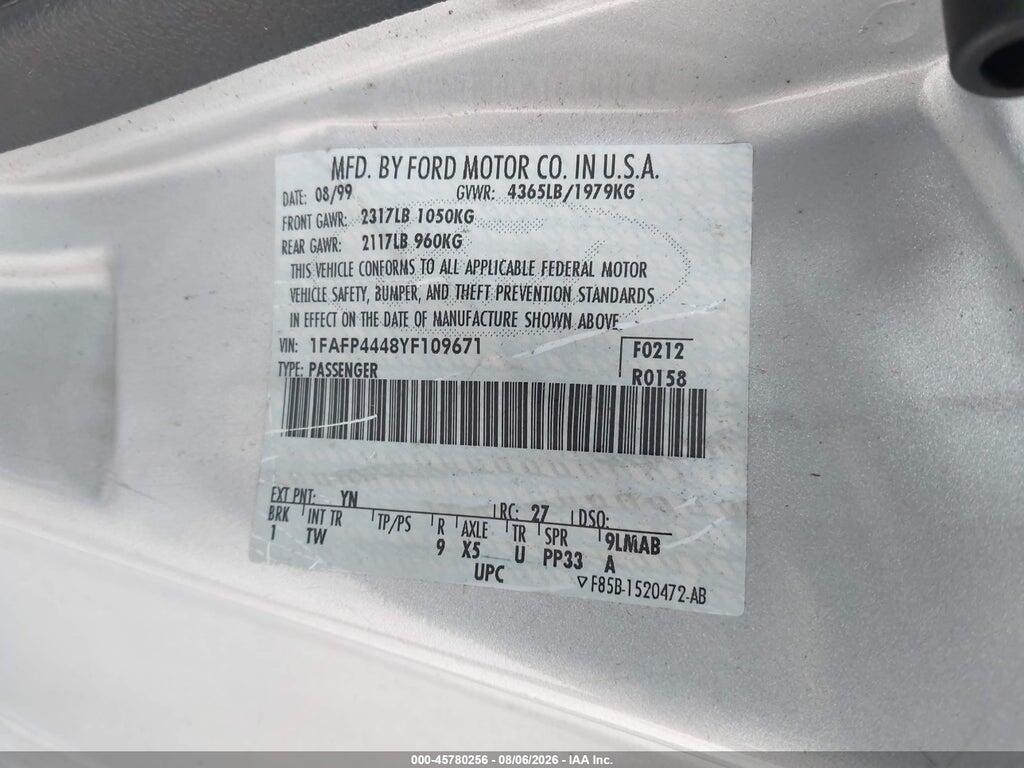 1FAFP4448YF109671 2000 FORD MUSTANG photo no. 9