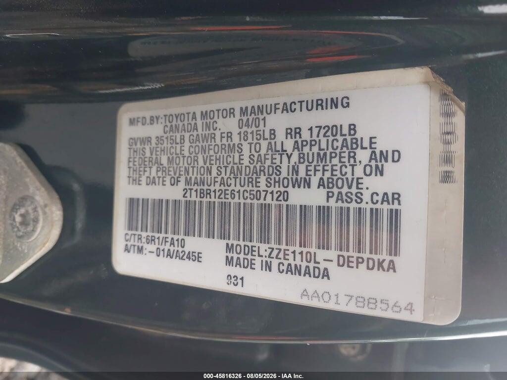 2T1BR12E61C507120 2001 TOYOTA COROLLA photo no. 9