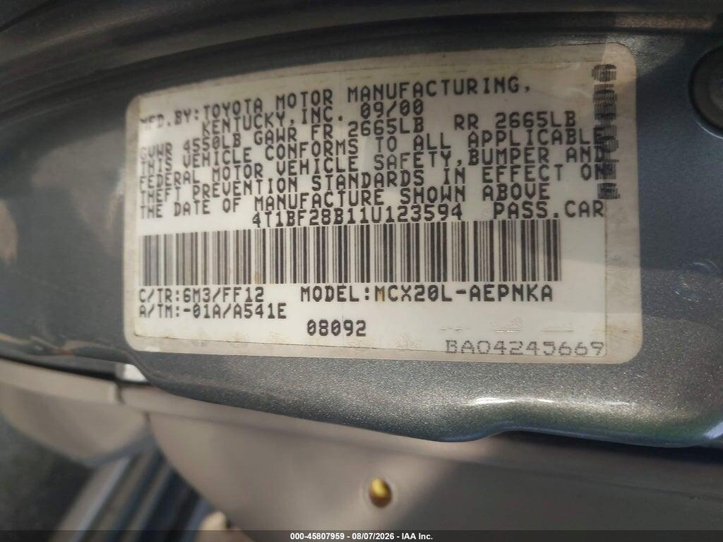 4T1BF28B11U123594 2001 TOYOTA AVALON photo no. 9