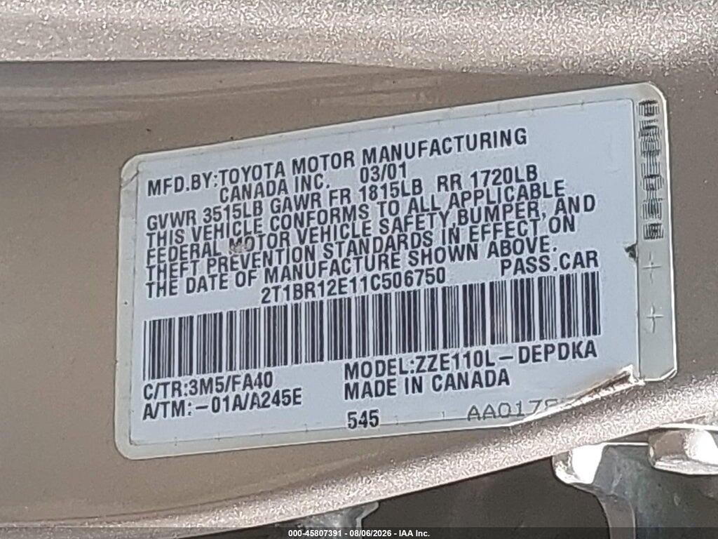 2T1BR12E11C506750 2001 TOYOTA COROLLA photo no. 9