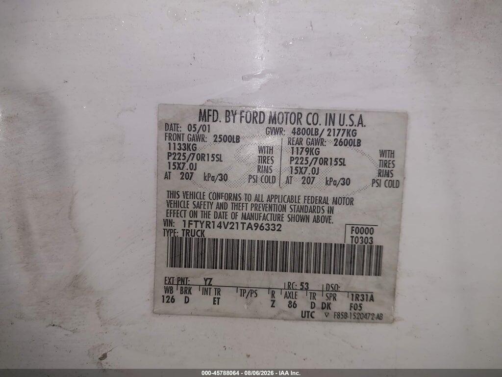 1FTYR14V21TA96332 2001 FORD RANGER photo no. 9