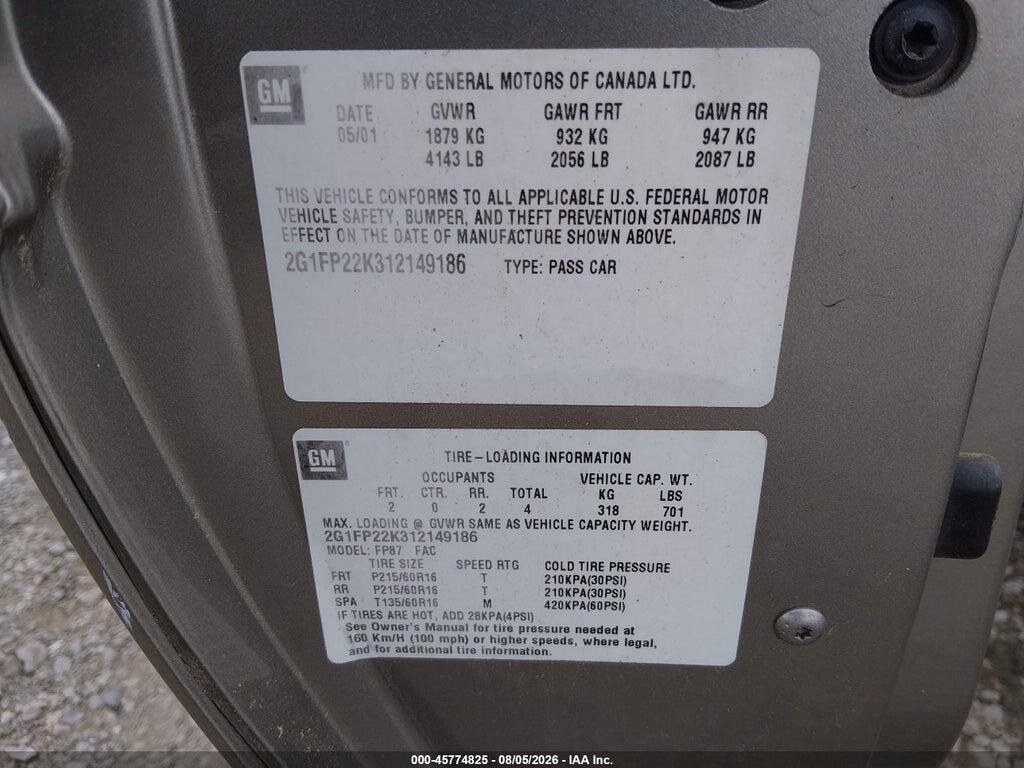 2G1FP22K312149186 2001 CHEVROLET CAMARO photo no. 9