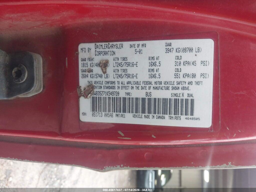 2B5WB35Z71K549720 2001 DODGE RAM WAGON 3500 photo no. 9